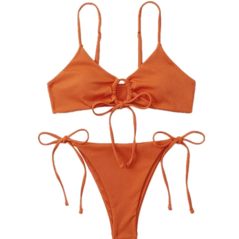 Women's solid colour drawstring swimsuit bikini in quick-drying nylon fabric