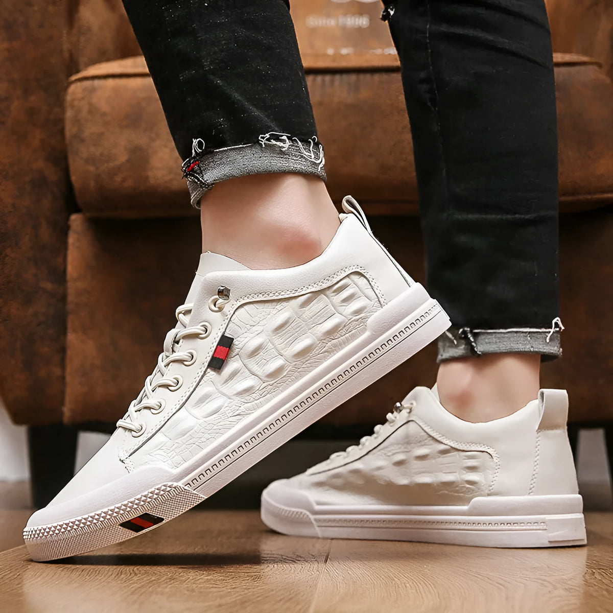 White men's casual sneakers with round toe and lace-up design on rubber sole