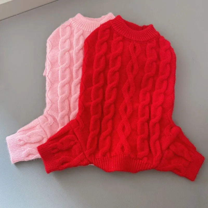 Four-leg knitted wool pet sweater in grey, pink, red, royal blue or white, sizes XS to XXL for autumn and winter