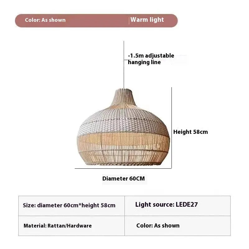 Rattan living room chandelier with pastoral southeast asian style and 60cm diameter.