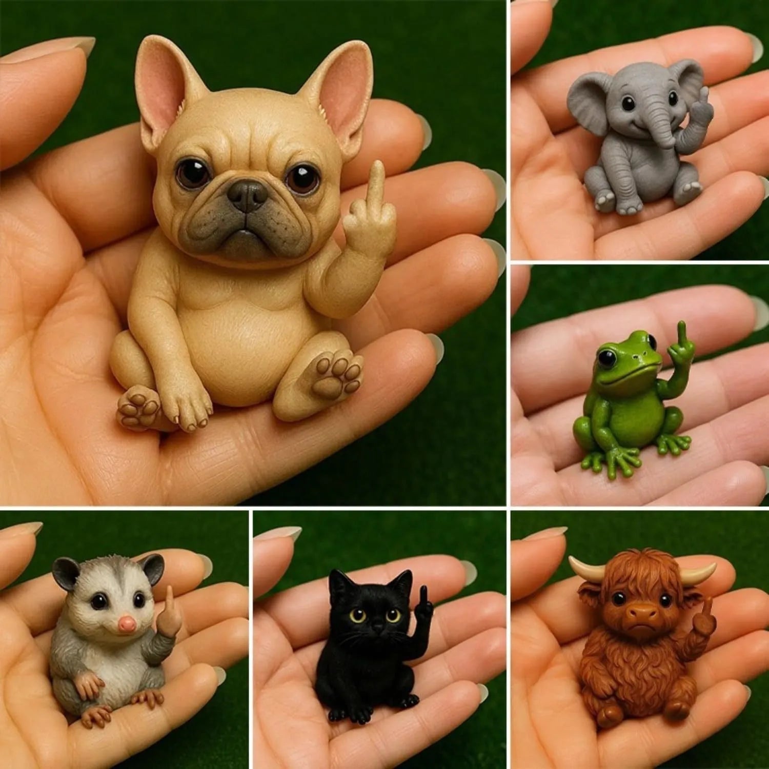 Mini plastic resin animal middle finger doll figurine showing one of seven available animal designs