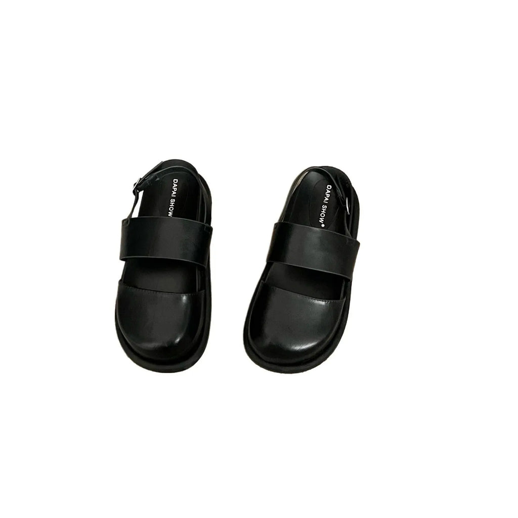 Korean style retro sandals with raised sole, closed toe and adjustable ankle strap buckle in microfiber