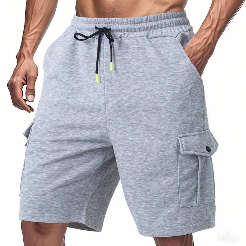 Casual cargo shorts with multiple pockets in light grey towel fabric with micro elasticity