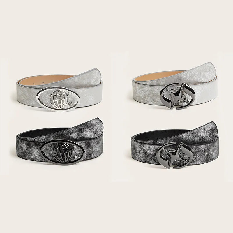 Women's retro oval buckle PU leather belt in thick width with antique finish earth tone colours