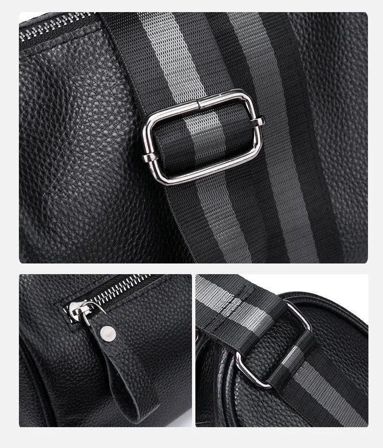 Black genuine leather one-shoulder crossbody bag showing its large size and polyester lining.