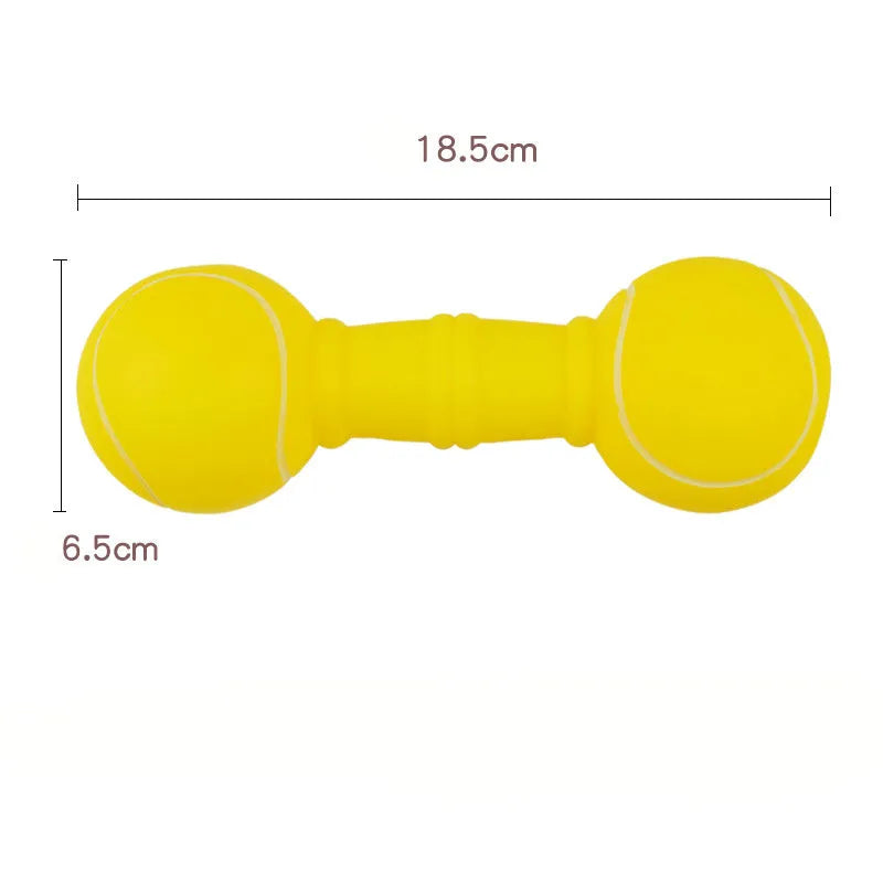 Brown, orange, white, and yellow PVC football dumbbell shaped squeaky dog chew toy.