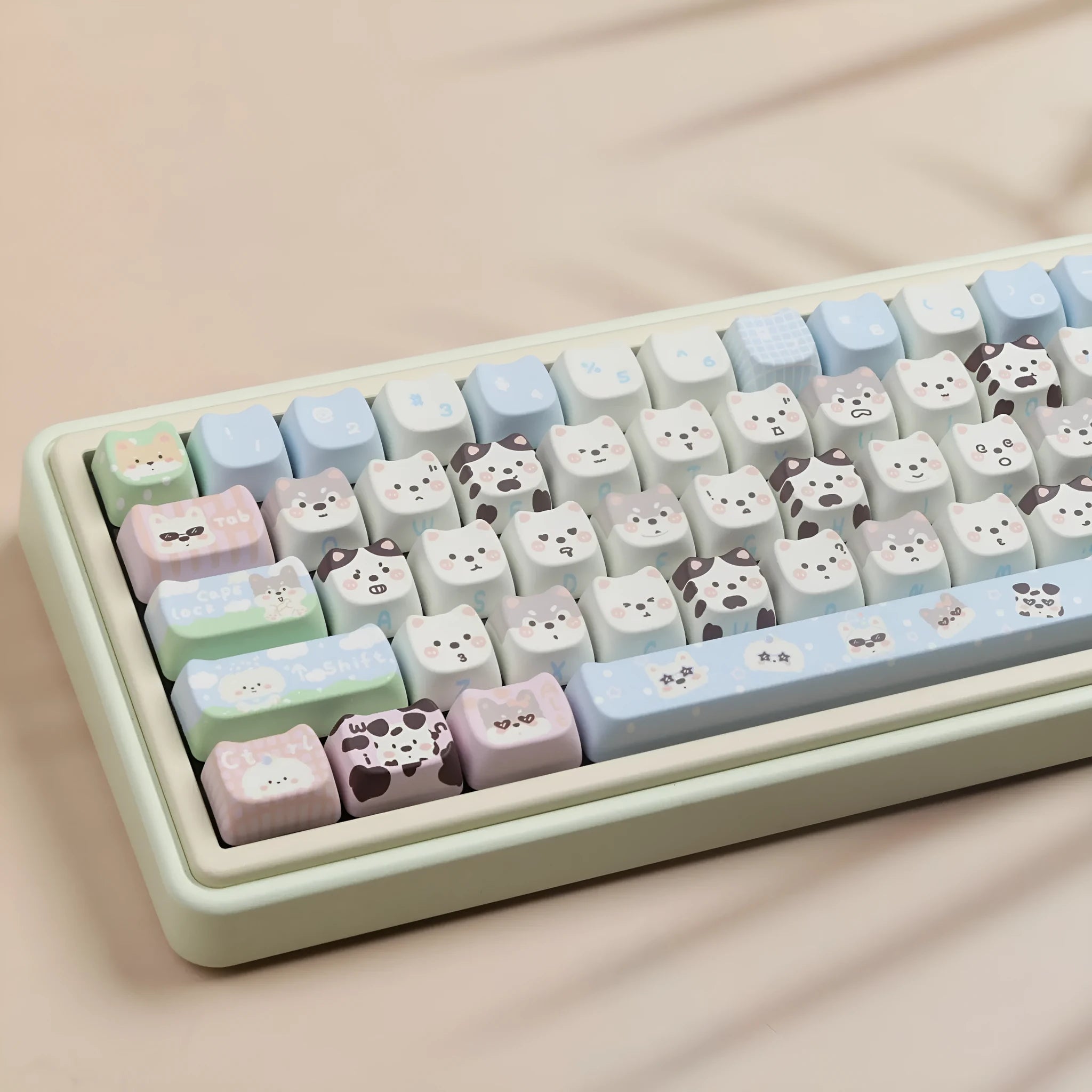 Complete set of PBT keycaps with cat and puppy sublimation designs for mechanical keyboards