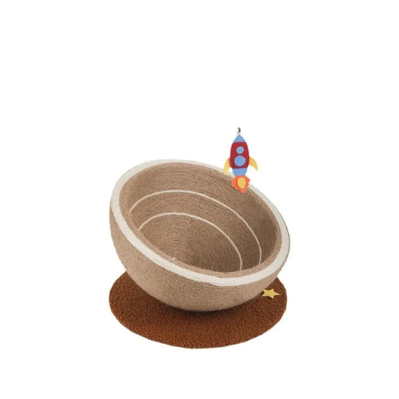 Large integrated cat scratching board and flannel-lined cat nest in starry sisal colour on wooden base.