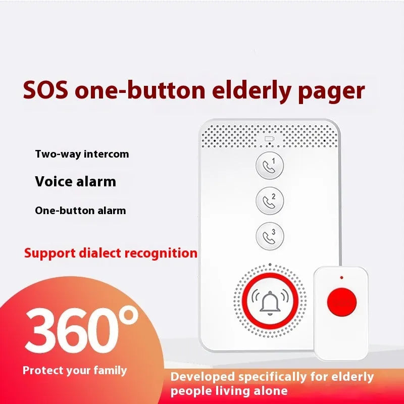 White one-click voice emergency alert device with a central buzzer unit and three separate wireless call buttons.