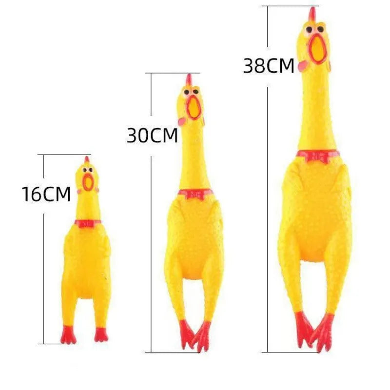 Yellow rubber screaming chicken dog squeak toy shown in small, medium and large sizes