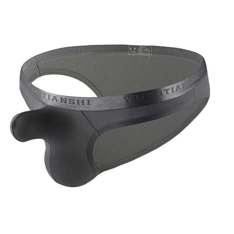 Men's thin solid colour low waist underwear in breathable nylon fabric on a grey background.