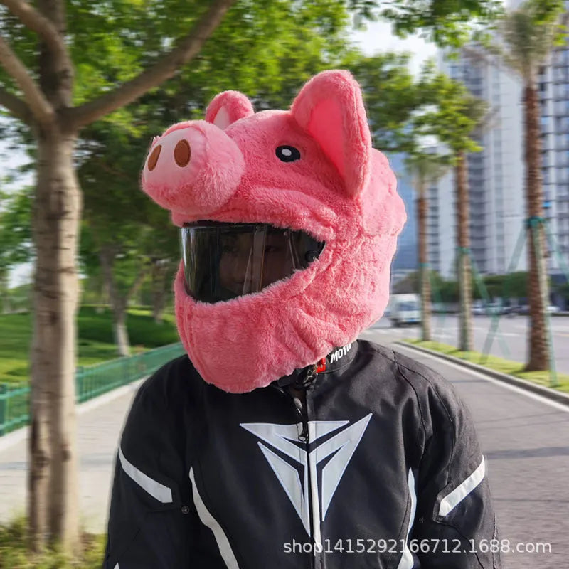 Pink pig cartoon design plush protective hood for motorcycle helmet storage