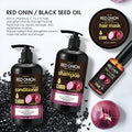 Red Onion Shampoo Conditioner Suit full set showing 500ml shampoo, 500ml conditioner, 250ml hair mask and 50ml essential oil bottles.