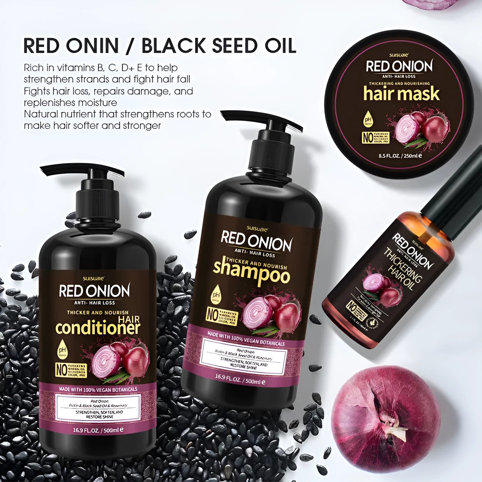 Red Onion Shampoo Conditioner Suit full set showing 500ml shampoo, 500ml conditioner, 250ml hair mask and 50ml essential oil bottles.