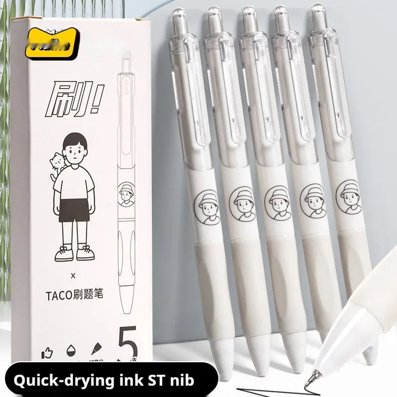 Five white plastic ballpoint pens with 0.5mm tips and black ink displayed together