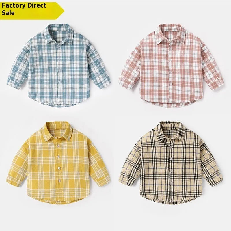 Boy's casual cotton long sleeve shirt with animal cartoon patterns on a lattice background in khaki colour.