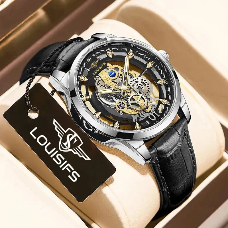 Swiss quartz men's business watch with double-sided hollow case and leather strap.