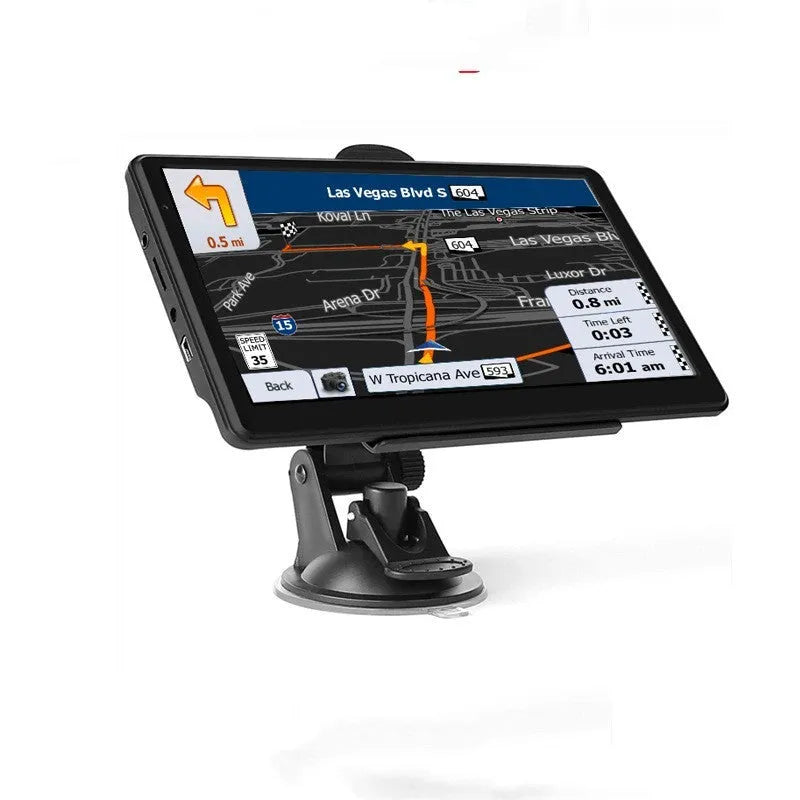 7 inch portable car GPS navigation device with HD touch screen on a dashboard bracket.