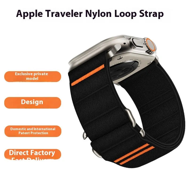 Elastic nylon Apple Watch compatible band with stainless steel buckle shown in multiple colour options