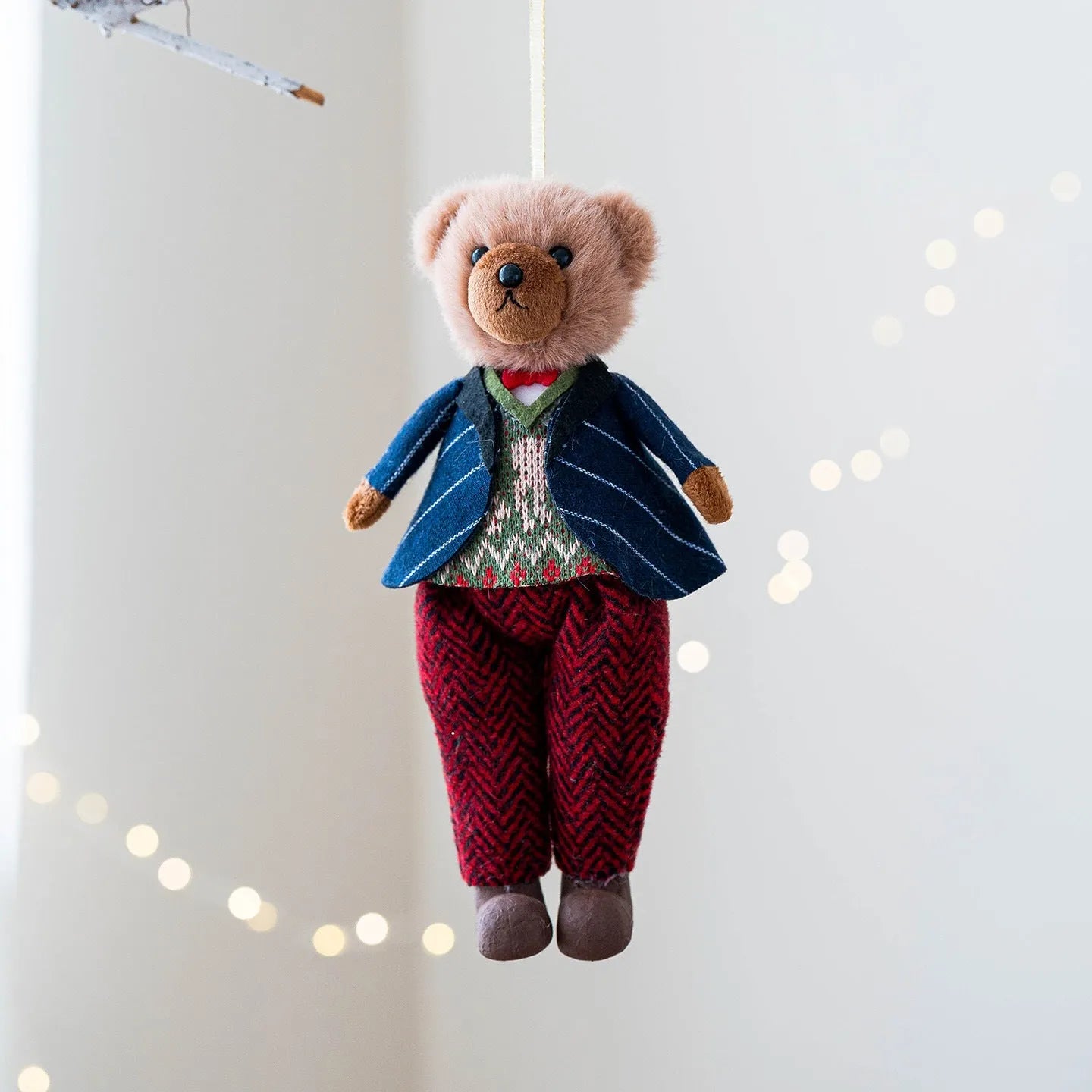 Cartoon couple plush bear doll wearing a cotton suit with a plaid design