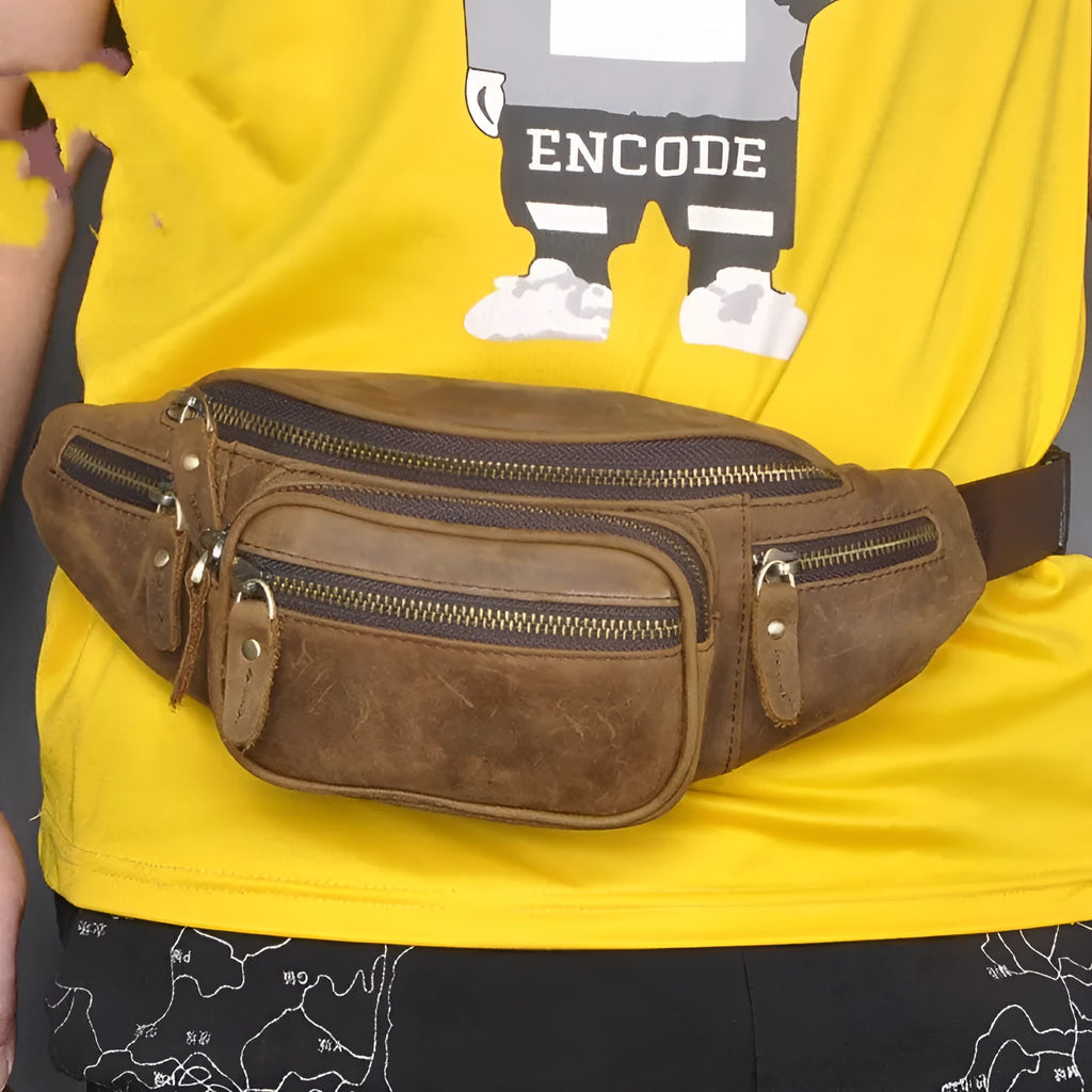 Dark crazy horse cowhide leather messenger bag with single shoulder strap showing 32cm width.