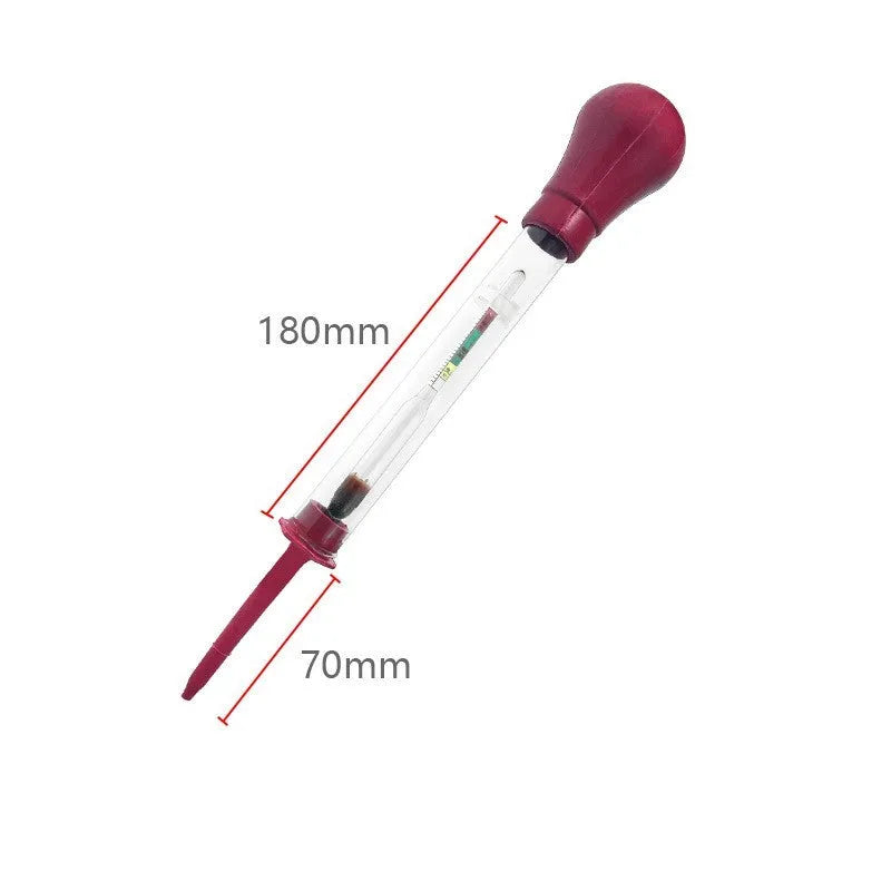 Electrohydraulic hydrometer for automotive battery electrolyte testing with glass construction and suction tube