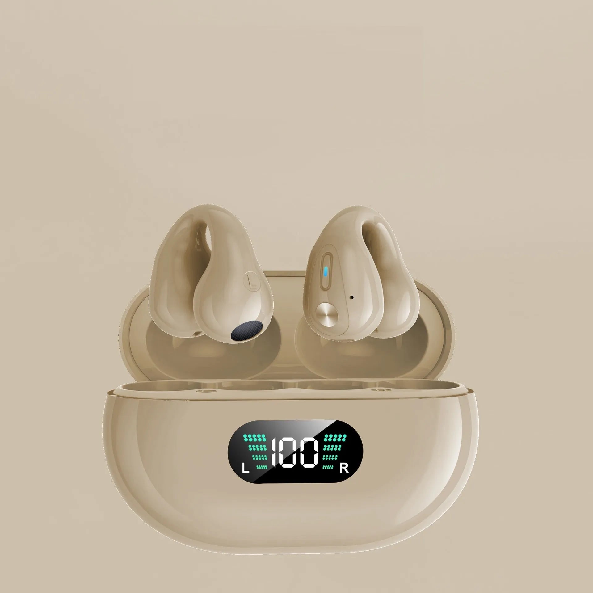 Bone conduction Bluetooth headset with ear clip in black, white, or khaki colour options.