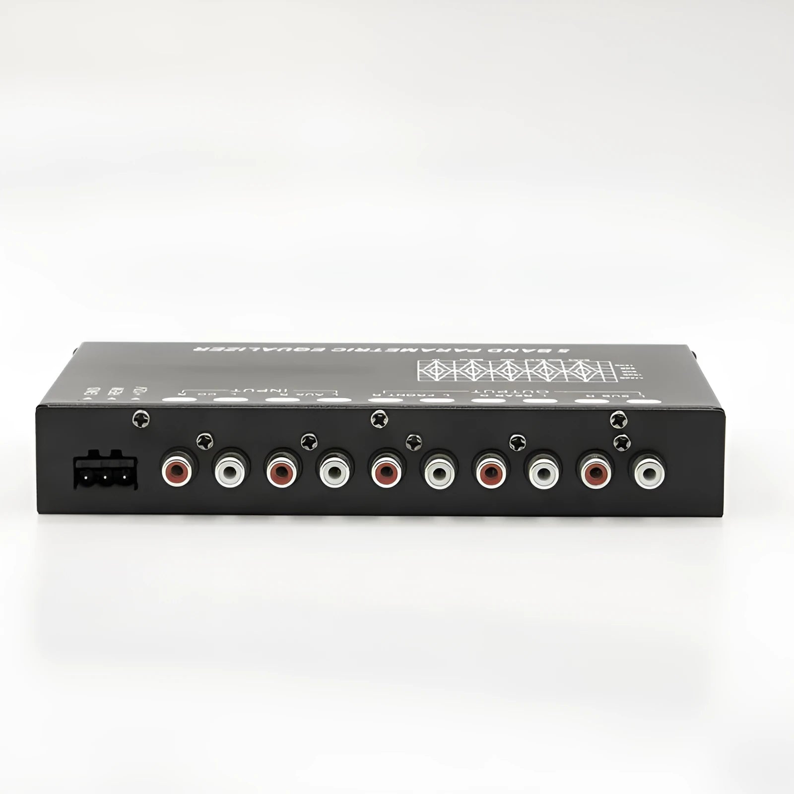 Black car audio EQ amplifier with control panel showing frequency knobs and channel indicators