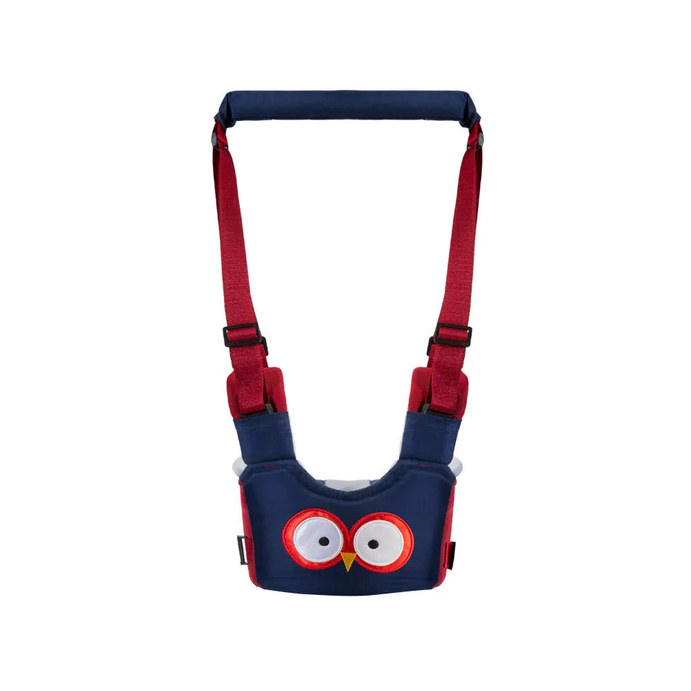 Blue cotton baby walking harness belt with straps, shown being used to support a toddler learning to walk.