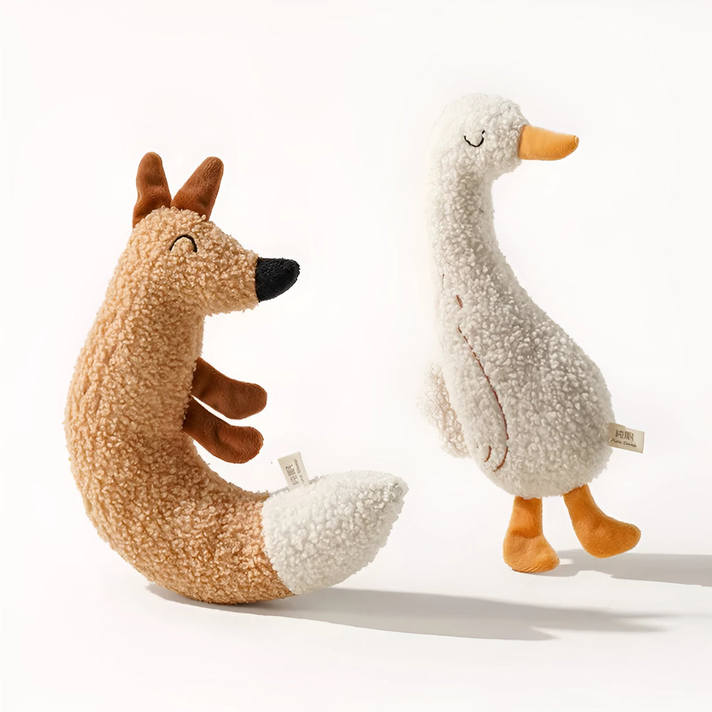 Cartoon dog chew toy in fox or duckling design with teddy velvet fabric and squeaker