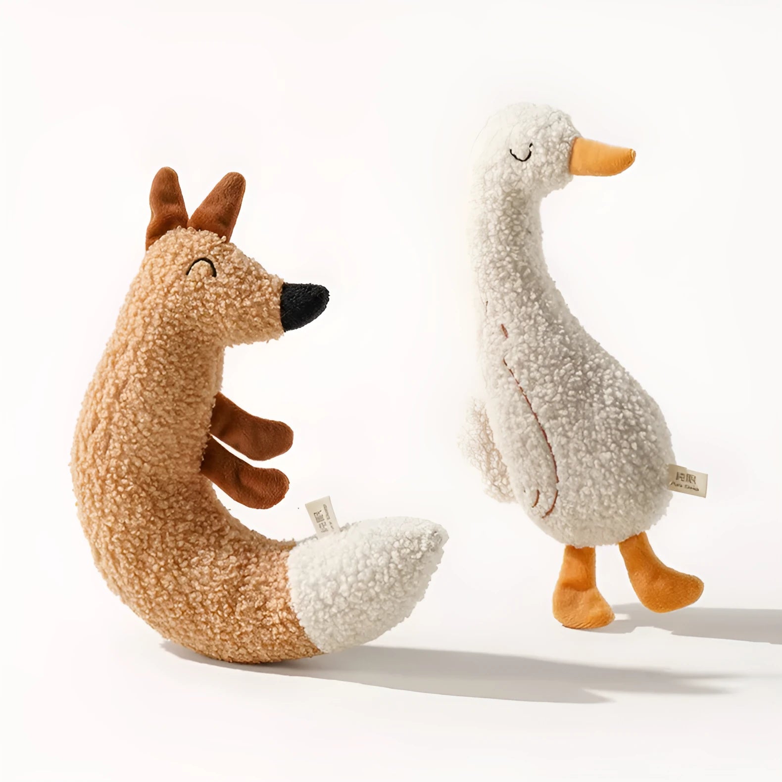 Cartoon dog chew toy in fox or duckling design with teddy velvet fabric and squeaker