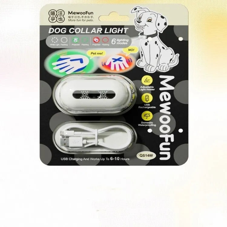 Pet luminous collar light attached to dog collar with four colour pattern options displayed