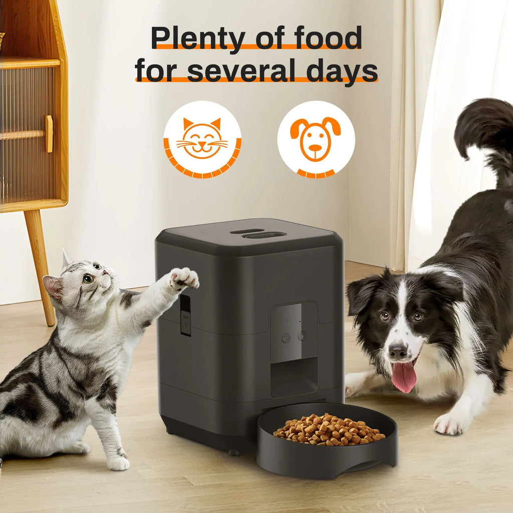 White and black automatic pet feeder for cats with timing control and multiple power standard options