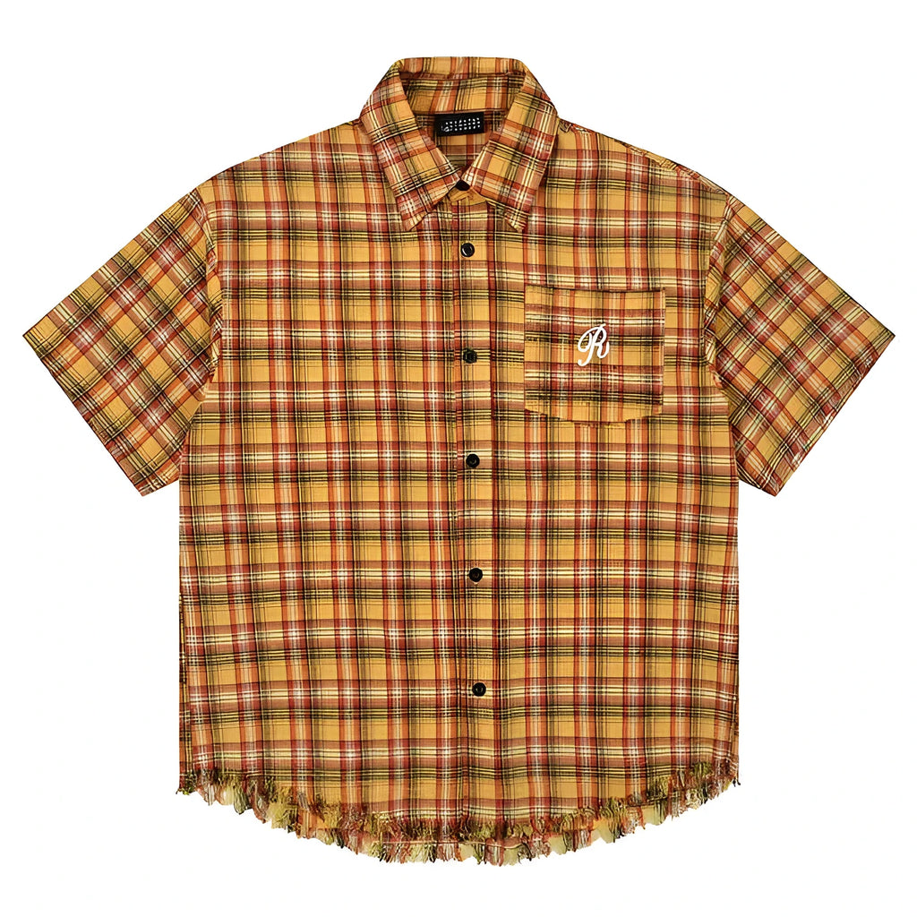 Yellow plaid short-sleeve shirt with embroidery and side pockets, loose fit for men and women