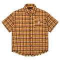 Yellow plaid short-sleeve shirt with embroidery and side pockets, loose fit for men and women