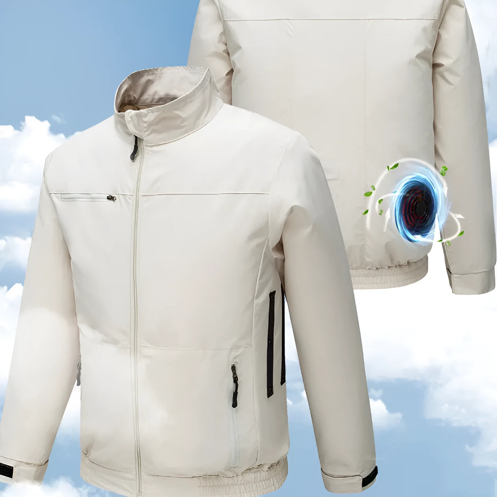 Men's black ventilation cooling jacket with multiple holes for fan airflow during outdoor work