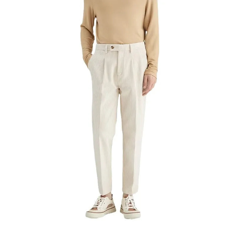 Corduroy straight-leg trousers in black, beige, and brown grey colours with micro elastic fabric