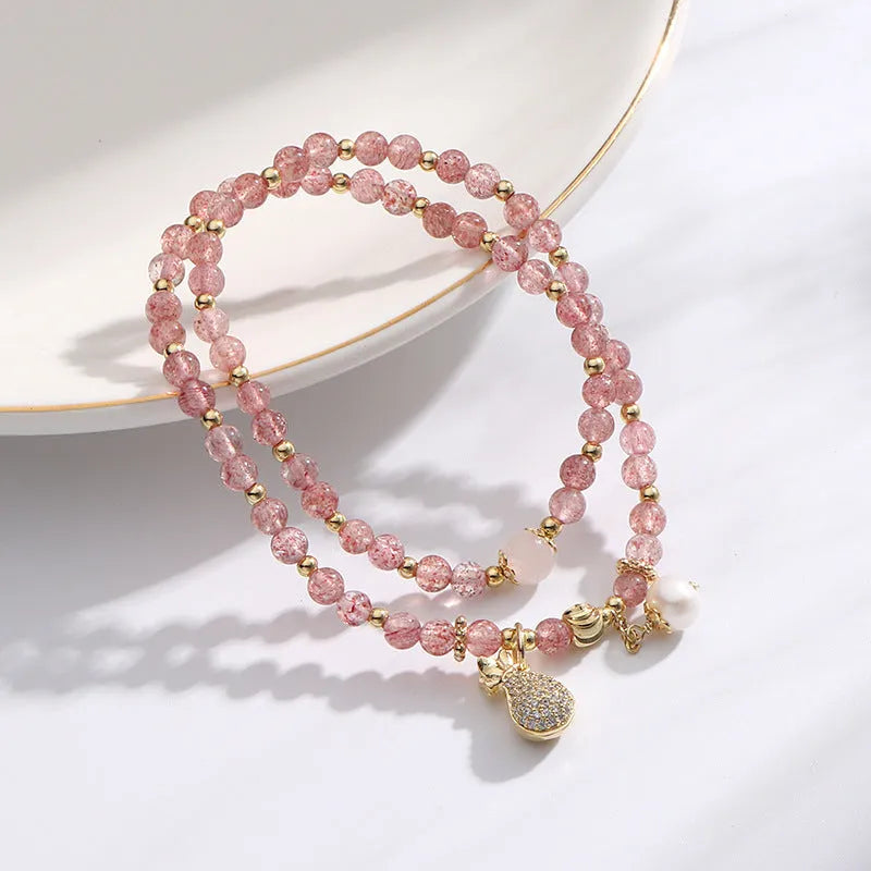 Strawberry quartz geometric bracelet with wallet charm women's crystal jewellery
