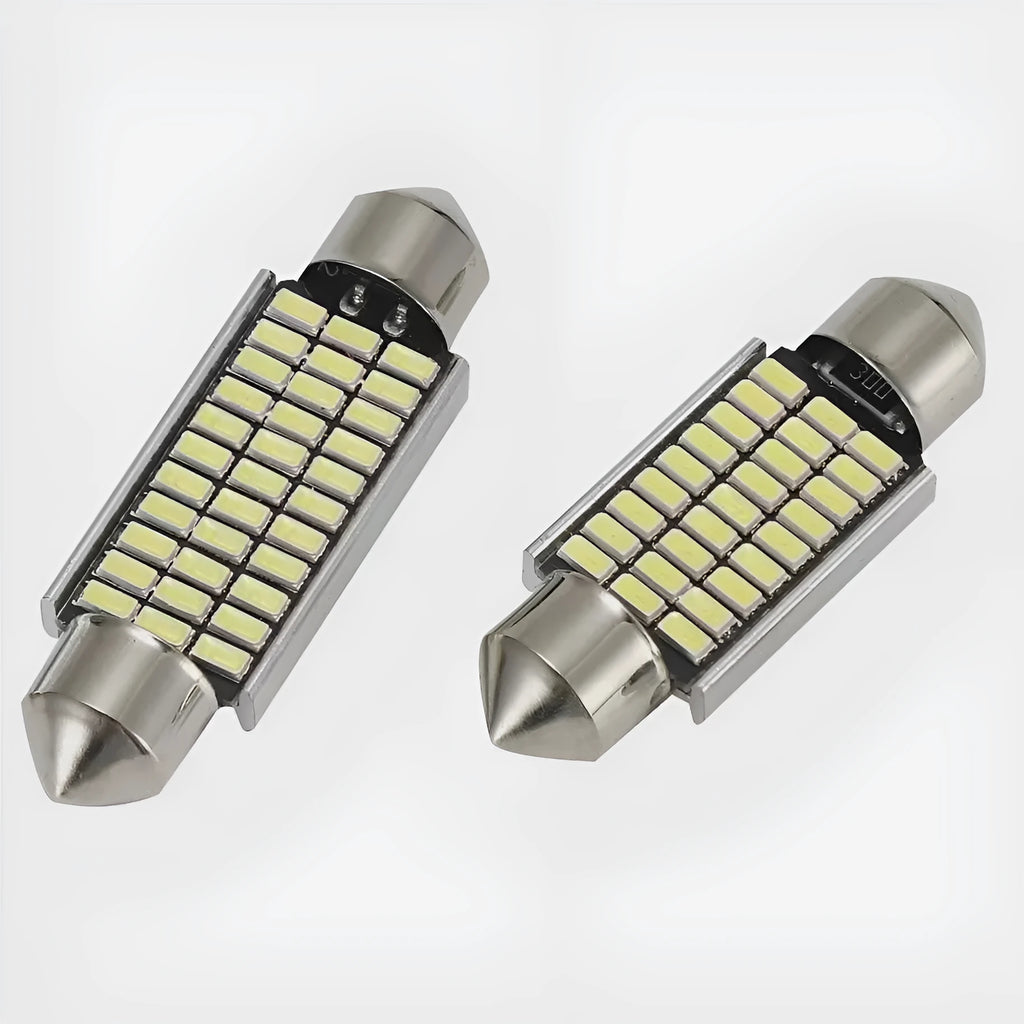 Aluminium double tip car roof light in white, showing four size options for vehicle interior use.