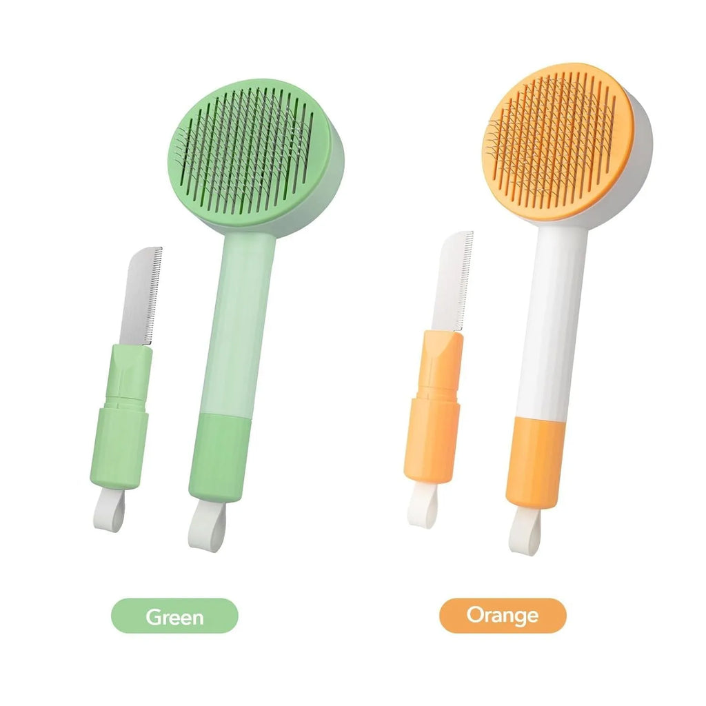 Green and yellow 2-in-1 pet grooming brush with stainless steel teeth and hanging loop