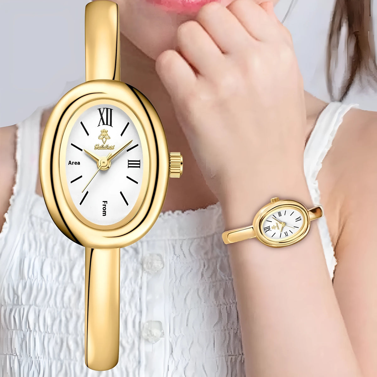 Women's oval retro quartz watch in gold colour with spiral pattern on dial.