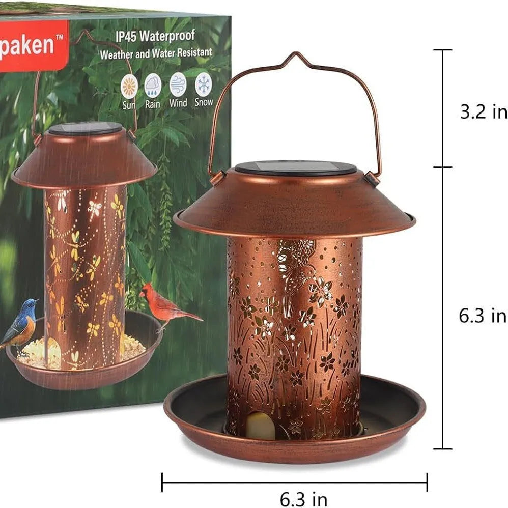 Solar-powered iron bird feeder with hummingbird pattern and integrated garden light