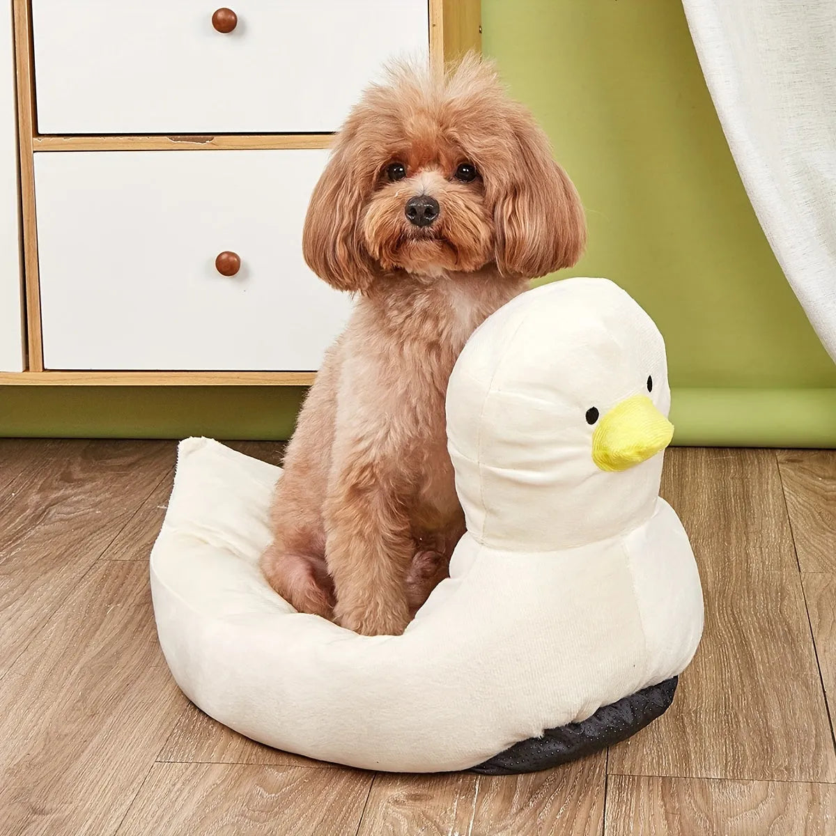 Duck-shaped fluffy pet bed for small dogs and cats in blue or white