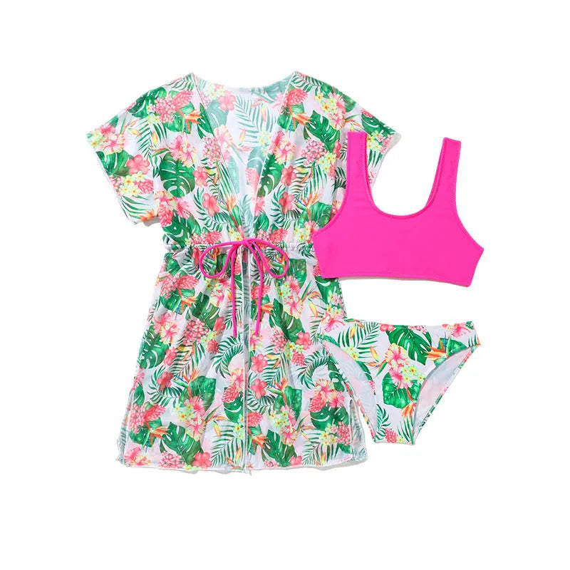 Girls' floral pattern two-piece polyester swimsuit for swimming ages 3-12