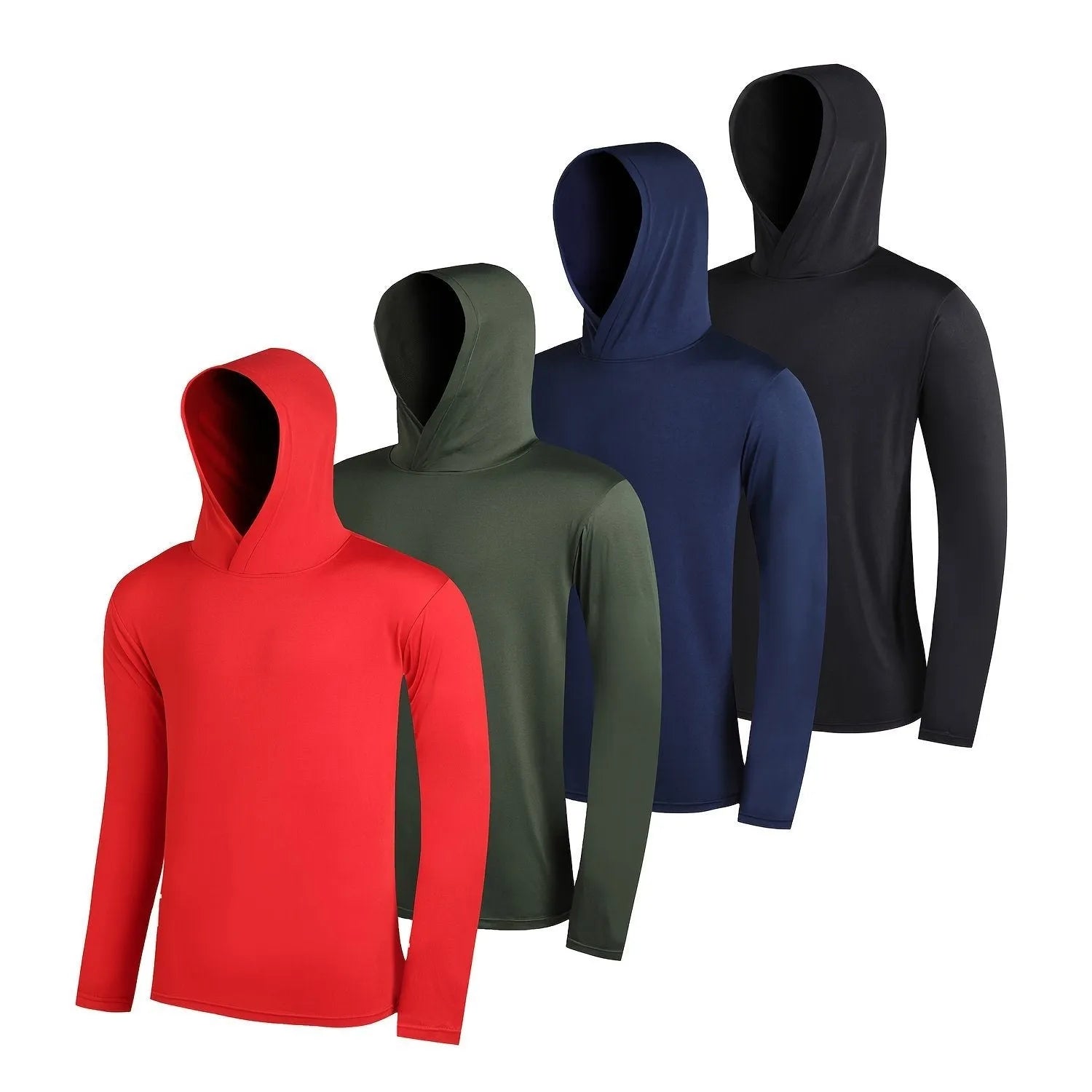 Four men's lightweight polyester hoodies bundled together, shown in assorted colours with hooded and non-hooded style options.
