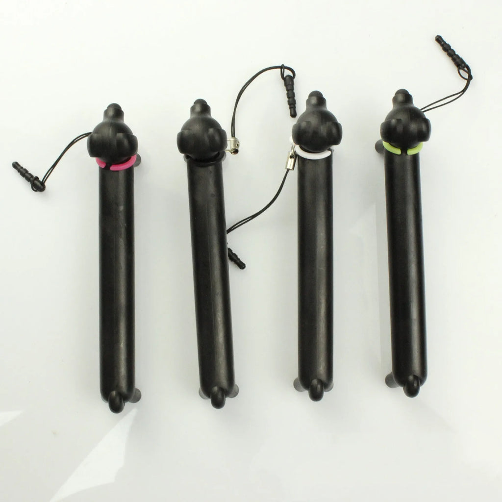Black dog-shaped touch screen stylus showing split design for dual-length use and phone stand functionality