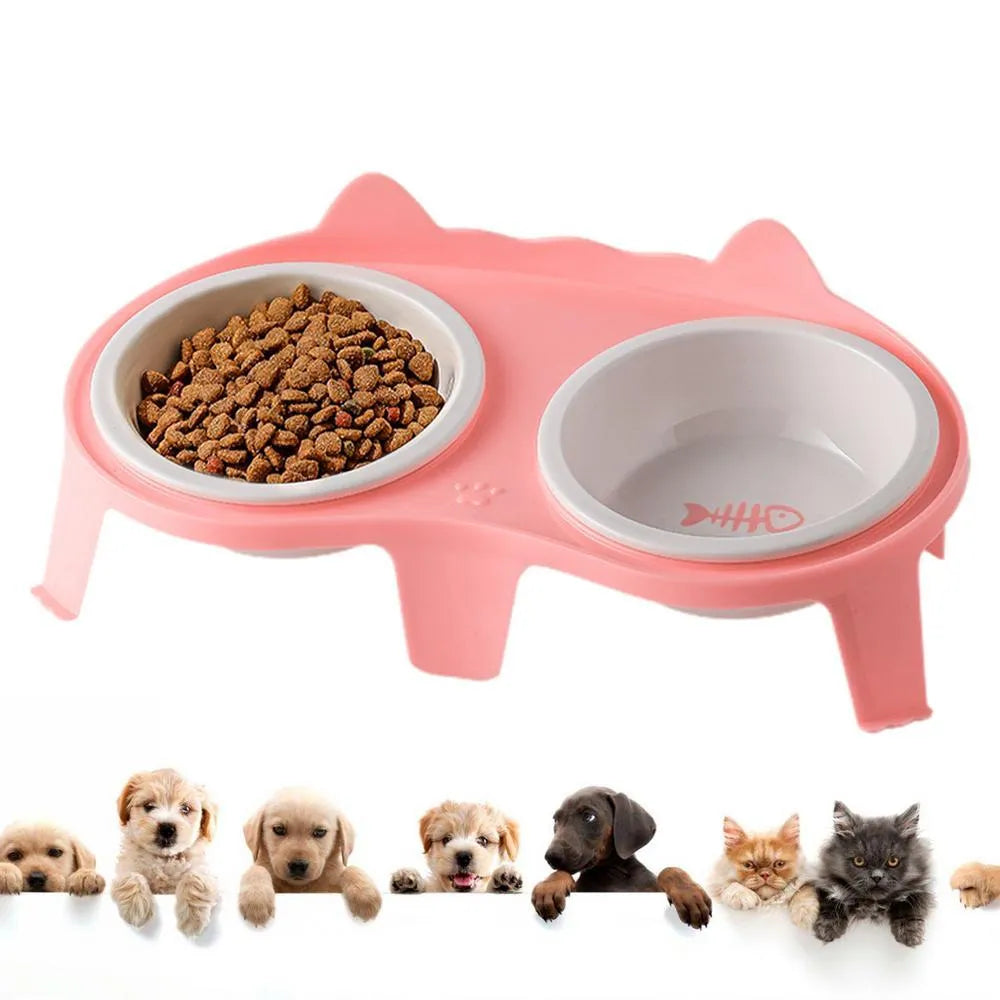Blue ceramic tilted cat food and water bowls on a white ABS stand with a hook for a water bottle.