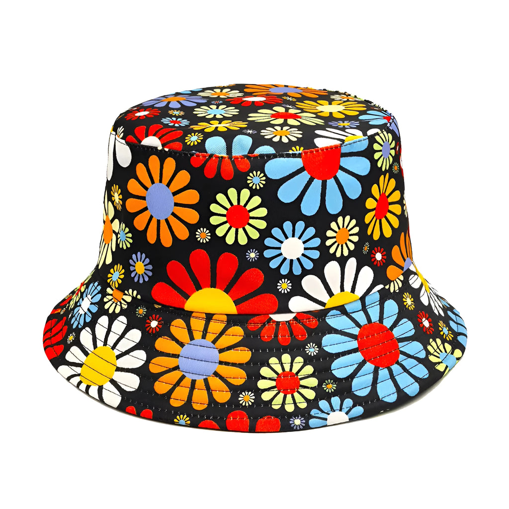 Floral print polyester bucket hat with dome crown in M size 56-58cm