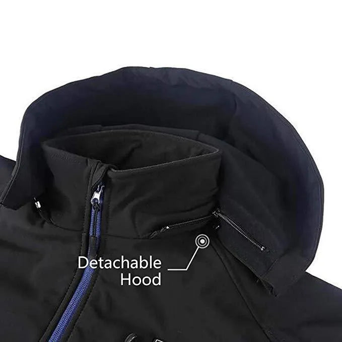Black men's USB heated waterproof winter coat with zipper pockets and straight hem.
