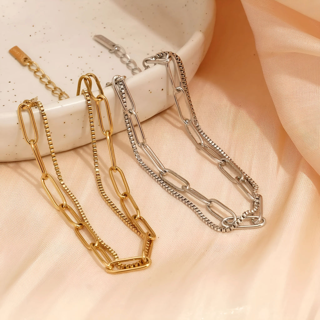 Double layer twin titanium steel women's bracelet with geometric line design in gold or silver finish